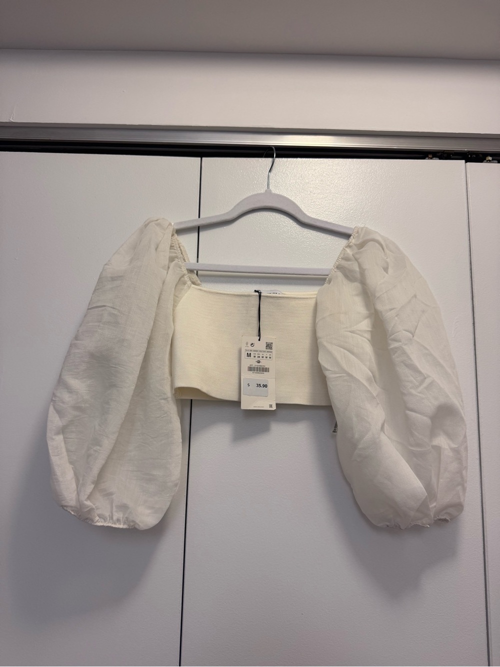 Zara White Cropped Long Sleeve Blouse Sheer Sleeves